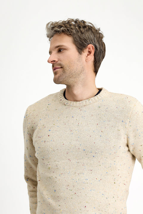 Light Beige Crew Neck Slim Fit Narrow Cut Patterned Wool Knit Sweater