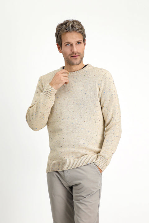 Light Beige Crew Neck Slim Fit Narrow Cut Patterned Wool Knit Sweater