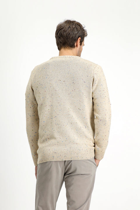 Light Beige Crew Neck Slim Fit Narrow Cut Patterned Wool Knit Sweater