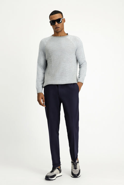 Açık Mavi Bisiklet Yaka Slim Fit Dar Kesim Çizgili Triko Kazak