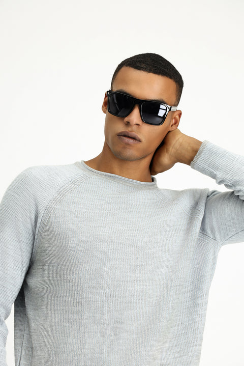 Açık Mavi Bisiklet Yaka Slim Fit Dar Kesim Çizgili Triko Kazak