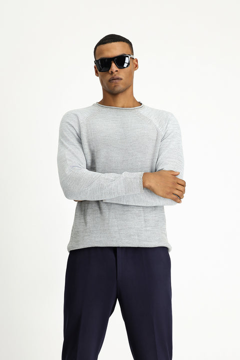 Açık Mavi Bisiklet Yaka Slim Fit Dar Kesim Çizgili Triko Kazak