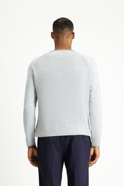 Açık Mavi Bisiklet Yaka Slim Fit Dar Kesim Çizgili Triko Kazak