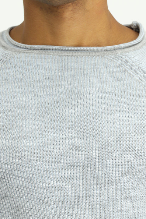 Açık Mavi Bisiklet Yaka Slim Fit Dar Kesim Çizgili Triko Kazak