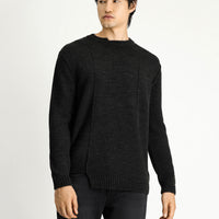 Dark Anthracite Melange Crew Neck Oversize Patterned Knit Sweater