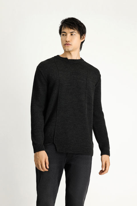 Dark Anthracite Melange Crew Neck Oversize Patterned Knit Sweater