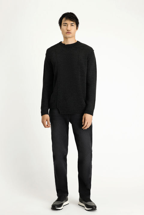 Dark Anthracite Melange Crew Neck Oversize Patterned Knit Sweater