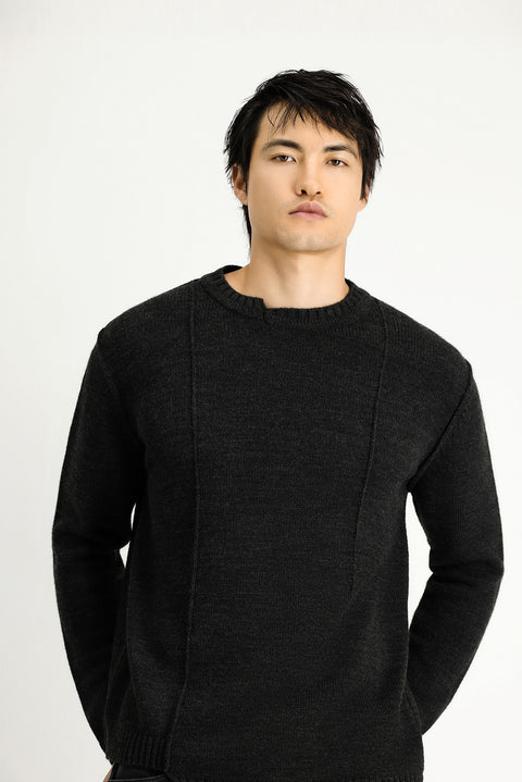 Dark Anthracite Melange Crew Neck Oversize Patterned Knit Sweater
