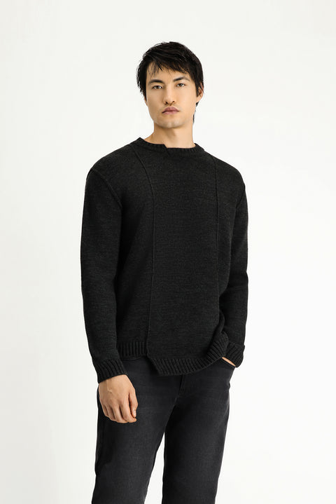 Dark Anthracite Melange Crew Neck Oversize Patterned Knit Sweater