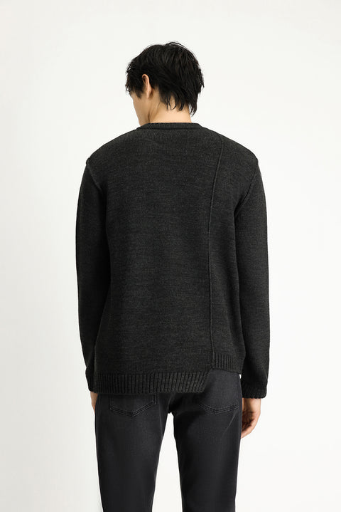 Dark Anthracite Melange Crew Neck Oversize Patterned Knit Sweater