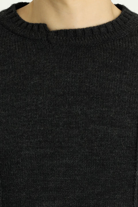 Dark Anthracite Melange Crew Neck Oversize Patterned Knit Sweater