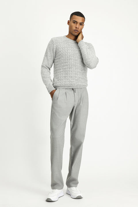 Light Grey Melange Crew Neck Regular Fit Patterned Knit Sweater