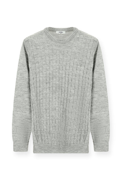 Light Grey Melange Crew Neck Regular Fit Patterned Knit Sweater