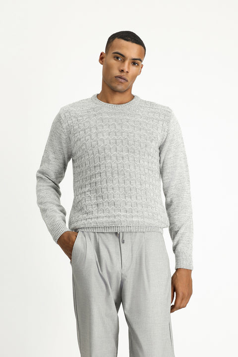 Light Grey Melange Crew Neck Regular Fit Patterned Knit Sweater