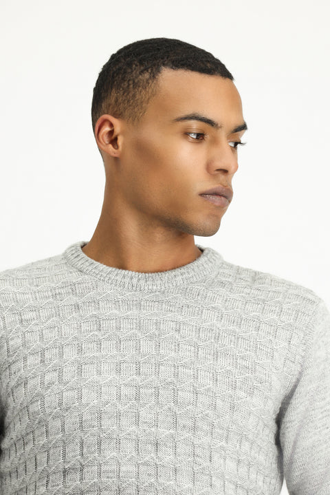 Light Grey Melange Crew Neck Regular Fit Patterned Knit Sweater
