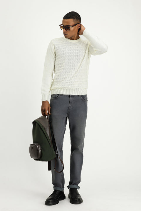 Off-white crew neck regular fit patterned knit sweater