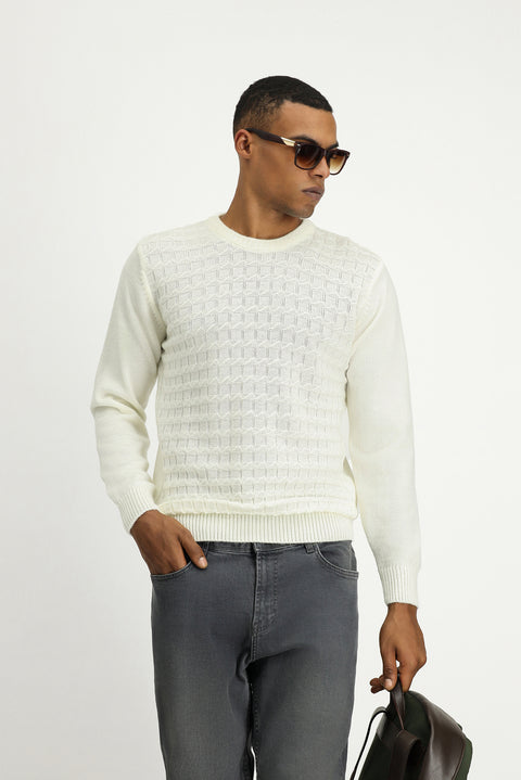 Off-white crew neck regular fit patterned knit sweater