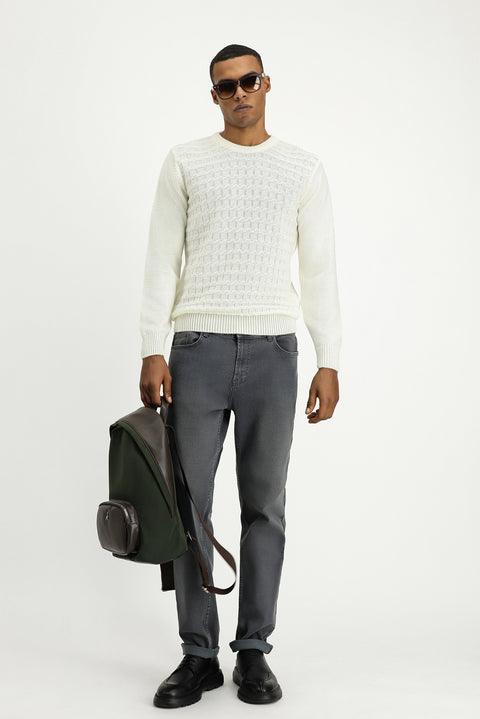Off-white crew neck regular fit patterned knit sweater
