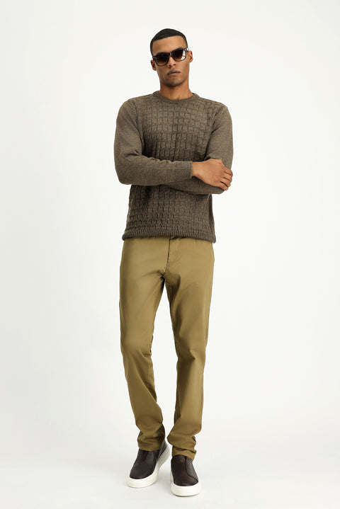 Medium Mink Crew Neck Regular Fit Patterned Knit Sweater
