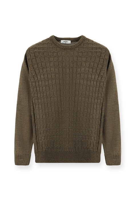 Medium Mink Crew Neck Regular Fit Patterned Knit Sweater