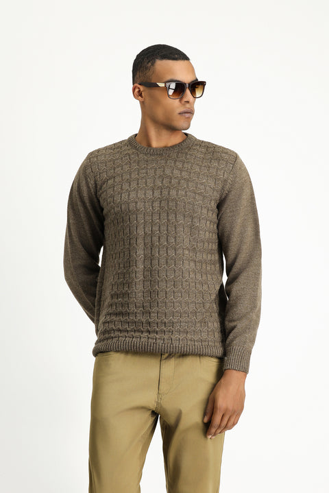 Medium Mink Crew Neck Regular Fit Patterned Knit Sweater