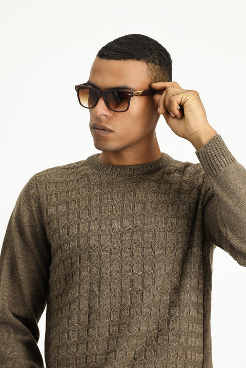 Medium Mink Crew Neck Regular Fit Patterned Knit Sweater