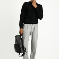 Black Crew Neck Regular Fit Patterned Knit Sweater
