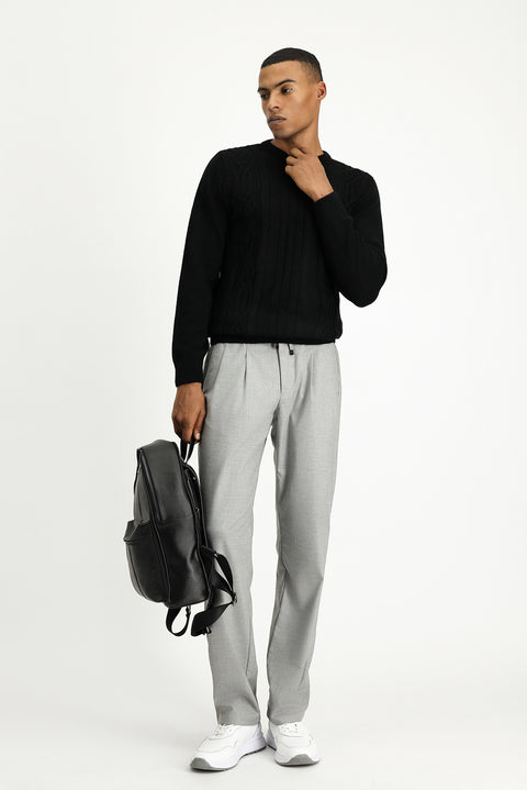 Black Crew Neck Regular Fit Patterned Knit Sweater