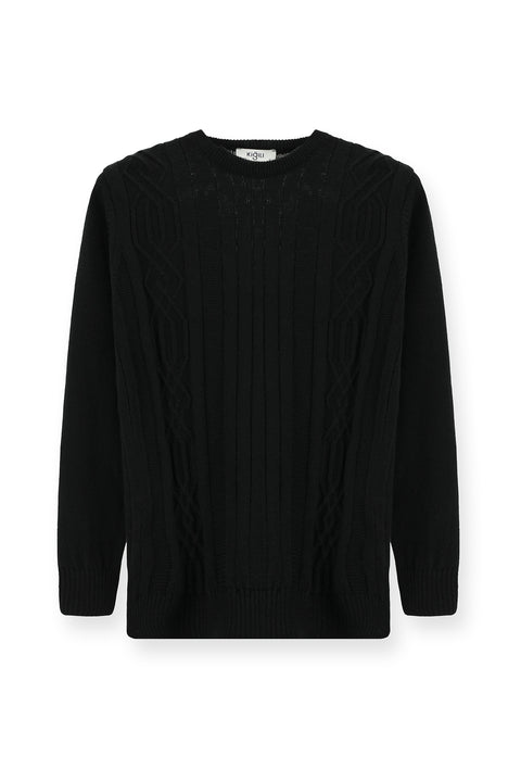 Black Crew Neck Regular Fit Patterned Knit Sweater