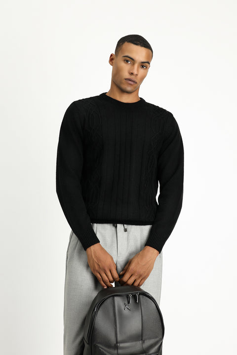 Black Crew Neck Regular Fit Patterned Knit Sweater