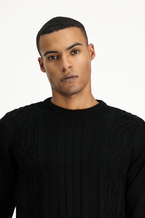 Black Crew Neck Regular Fit Patterned Knit Sweater