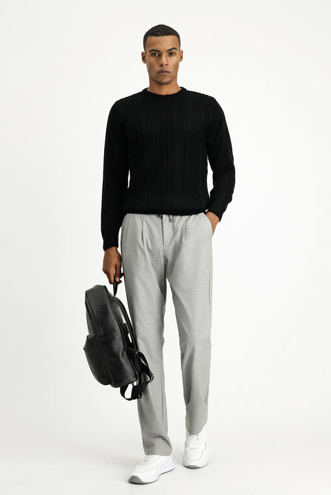 Black Crew Neck Regular Fit Patterned Knit Sweater