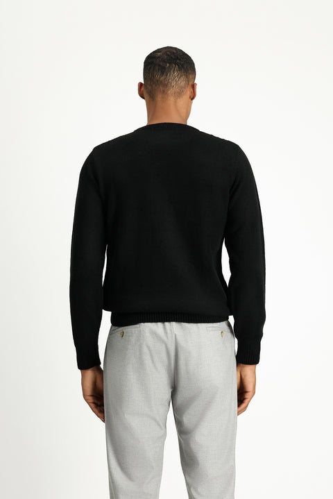 Black Crew Neck Regular Fit Patterned Knit Sweater