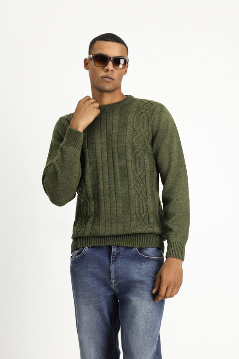 Medium Khaki Crew Neck Regular Fit Patterned Knit Sweater