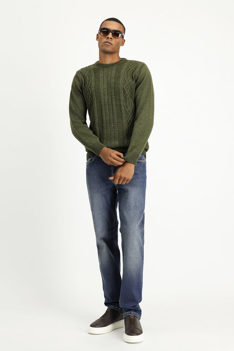 Medium Khaki Crew Neck Regular Fit Patterned Knit Sweater