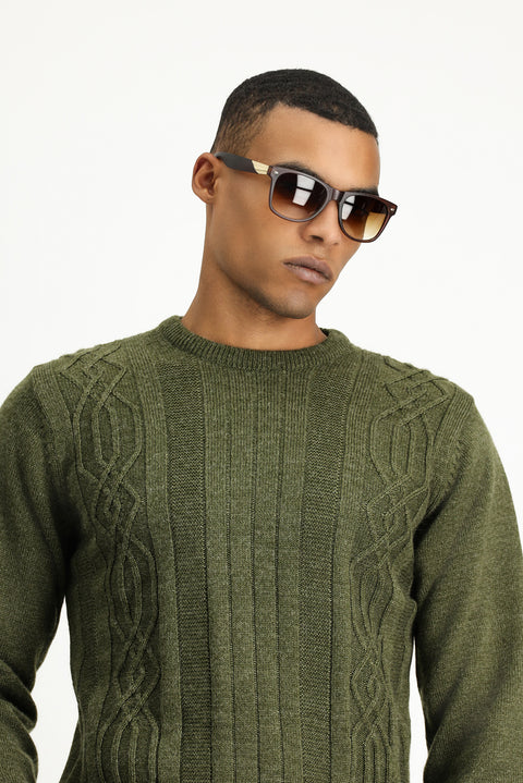 Medium Khaki Crew Neck Regular Fit Patterned Knit Sweater