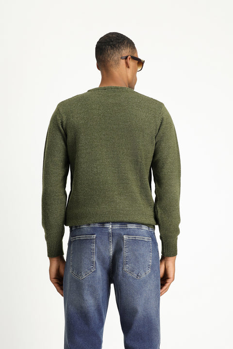Medium Khaki Crew Neck Regular Fit Patterned Knit Sweater