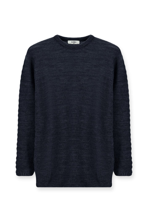 Indigo Crew Neck Regular Fit Patterned Knit Sweater