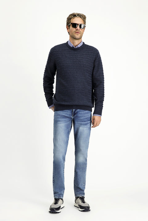 Indigo Crew Neck Regular Fit Patterned Knit Sweater