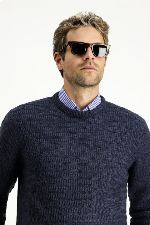 Indigo Crew Neck Regular Fit Patterned Knit Sweater
