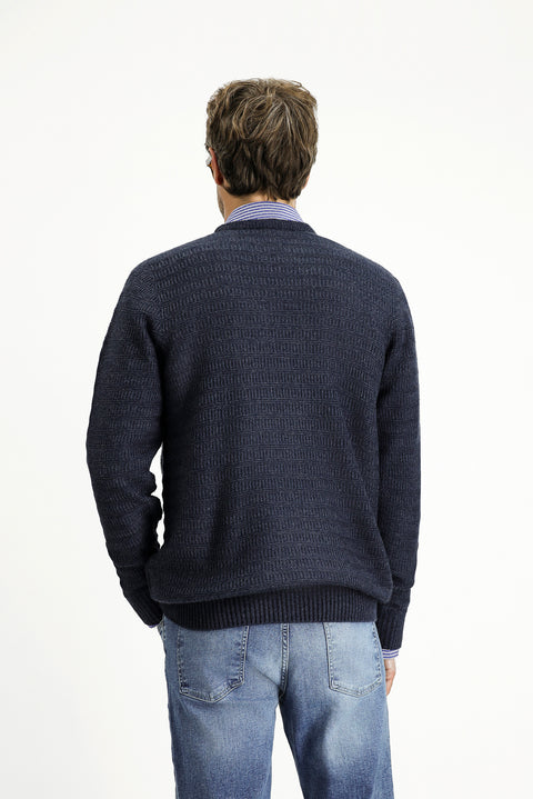 Indigo Crew Neck Regular Fit Patterned Knit Sweater