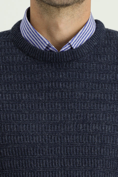 Indigo Crew Neck Regular Fit Patterned Knit Sweater