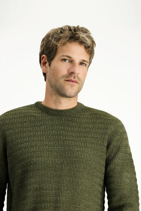 Medium Khaki Crew Neck Regular Fit Patterned Knit Sweater