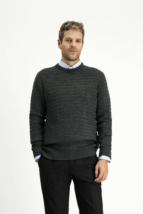Medium Anthracite Crew Neck Regular Fit Patterned Knit Sweater