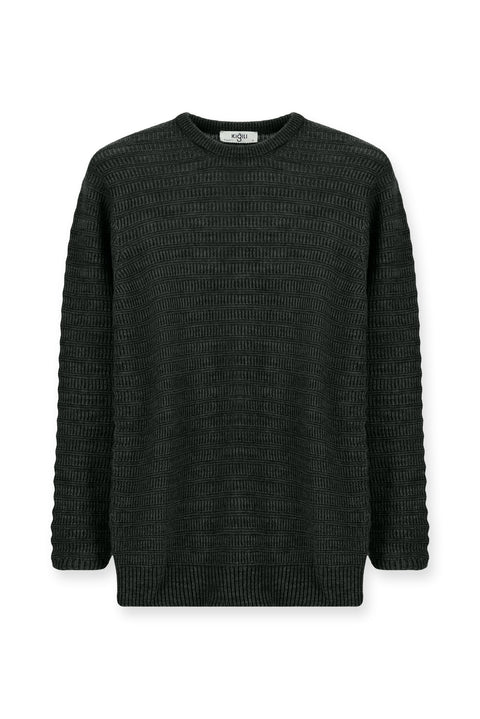 Medium Anthracite Crew Neck Regular Fit Patterned Knit Sweater