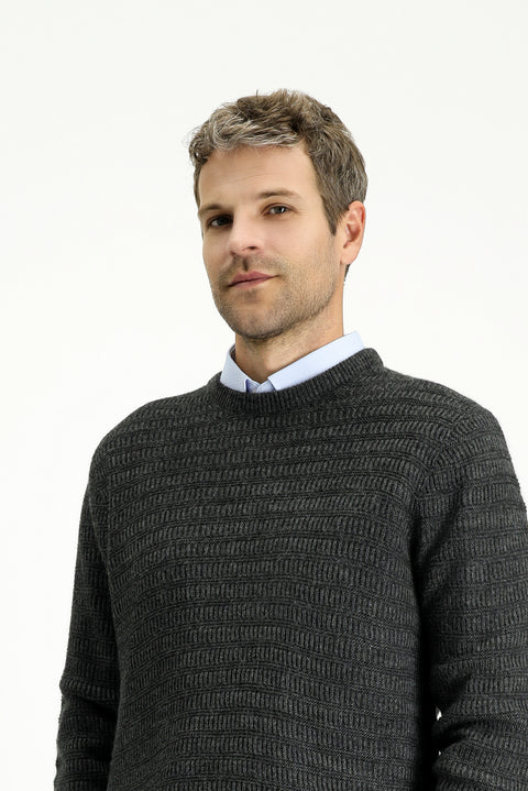 Medium Anthracite Crew Neck Regular Fit Patterned Knit Sweater
