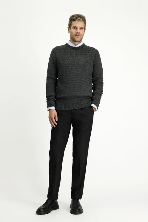 Medium Anthracite Crew Neck Regular Fit Patterned Knit Sweater