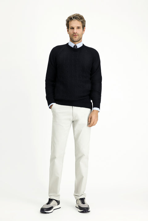 Dark Navy Crew Neck Regular Fit Patterned Knit Sweater