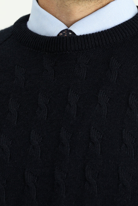 Dark Navy Crew Neck Regular Fit Patterned Knit Sweater