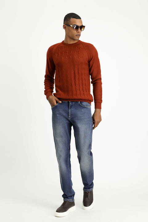 Tile-colored Crew Neck Regular Fit Patterned Knit Sweater